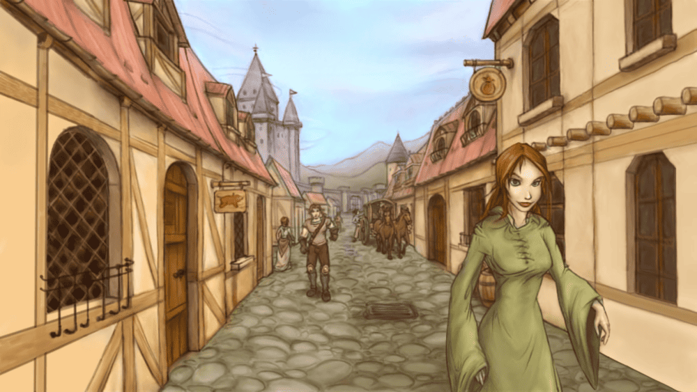 Rua medieval de Tibia com uma personagem em primeiro plano